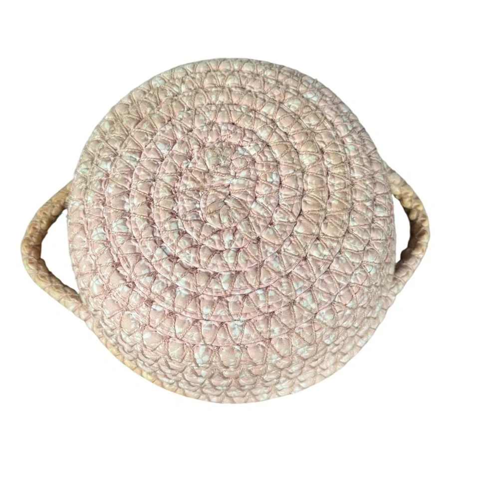 Handmade Crochet Rag Basket White Pink Cottagecore Country Gift Storage Handles